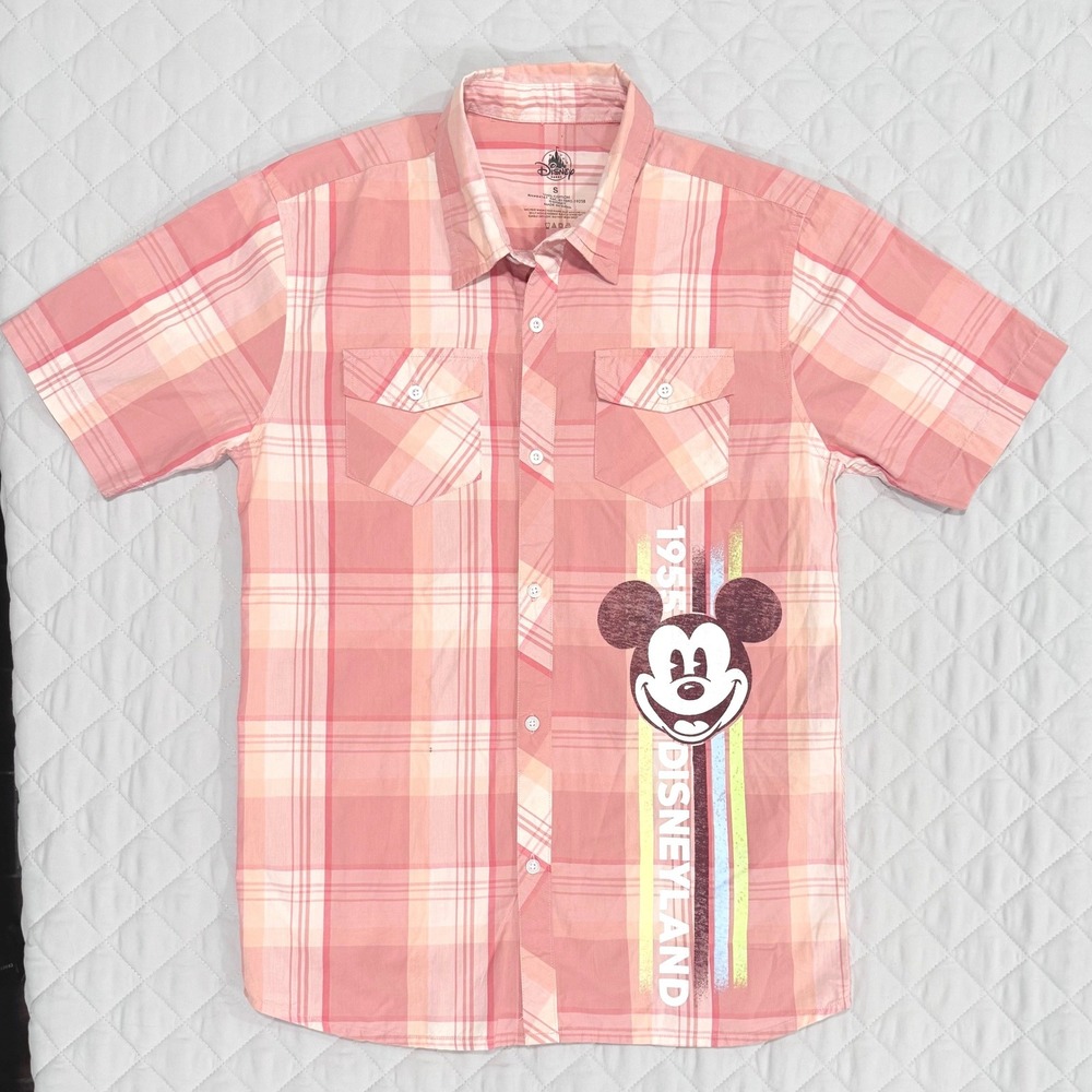 Disney Parks Mickey Mouse Disneyland 1955 Plaid Button Down Shirt Pink Orange S